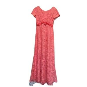 Emma Domb Lacey Pink Formal Dress Vintage 60s Gown Floor Length Bow Waist